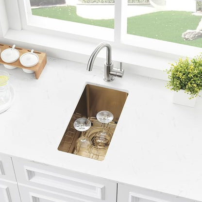 Gold Wet Bar Sink, 10 x 18 Inch Stainless Steel Small Undermount Kitchen Bar Sink 16 Gauge Single Bowl with Grid and Drain Strainer