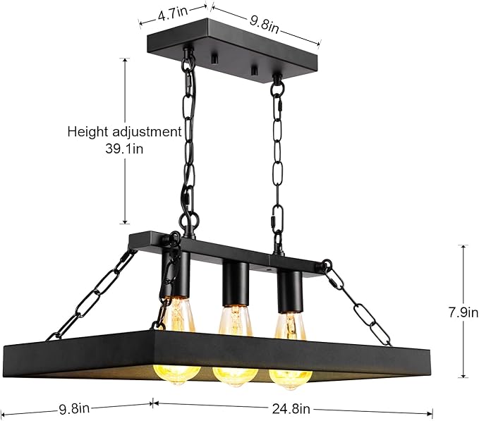 Rustic Farmhouse Chandelier for Dining Room 3-Lights Black