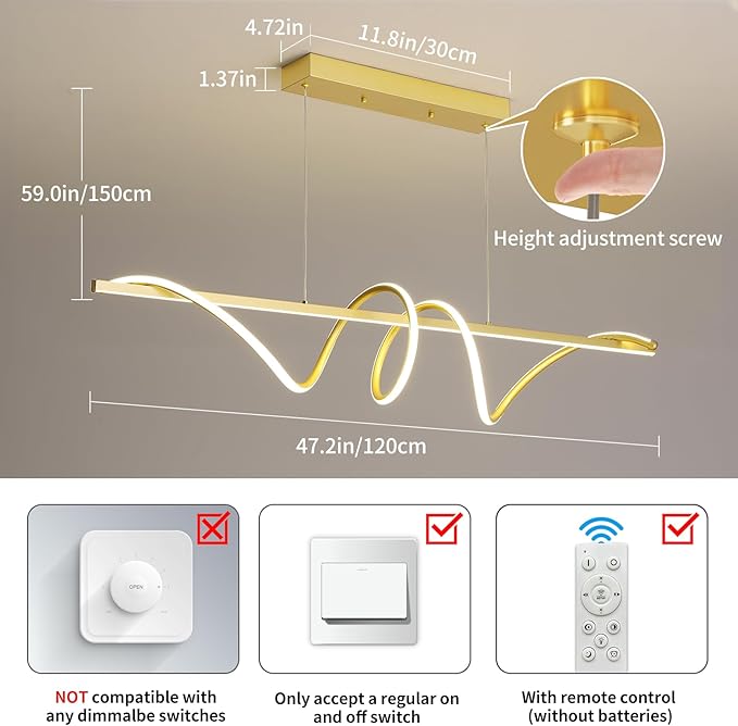 Modern LED Gold Pendant Light, 47IN Ceiling Chandelier Fixtures Dimmable with Remote Control 3000k-6500K Adjustable Color Temperature, Aluminum Island Lighting Lamp for Dining Room, Living Room