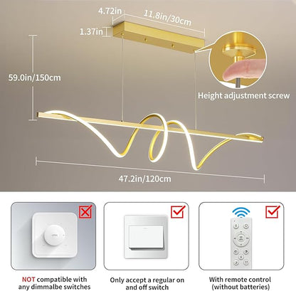 Modern LED Gold Pendant Light, 47IN Ceiling Chandelier Fixtures Dimmable with Remote Control 3000k-6500K Adjustable Color Temperature, Aluminum Island Lighting Lamp for Dining Room, Living Room