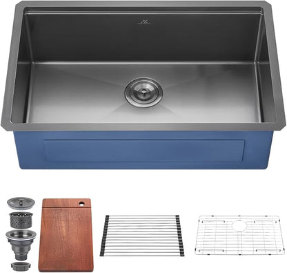 33 Inch Black Undermount Kitchen Sink Single Bowl Kitchen Stainless Steel Sink with Cutting Board,(33Inch Black)