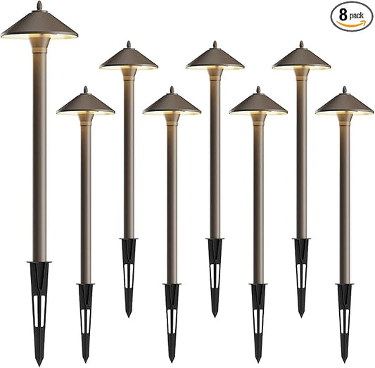 GOODSMANN Landscape Lighting Outdoor Low Voltage Landscape Lighting Kits 8PK Pathway Lights Wired 10W 25 Lumen 2700K Warm White Metal 12V Bronze Electric Sidewalk Walkway Lights with Cable Connectors
