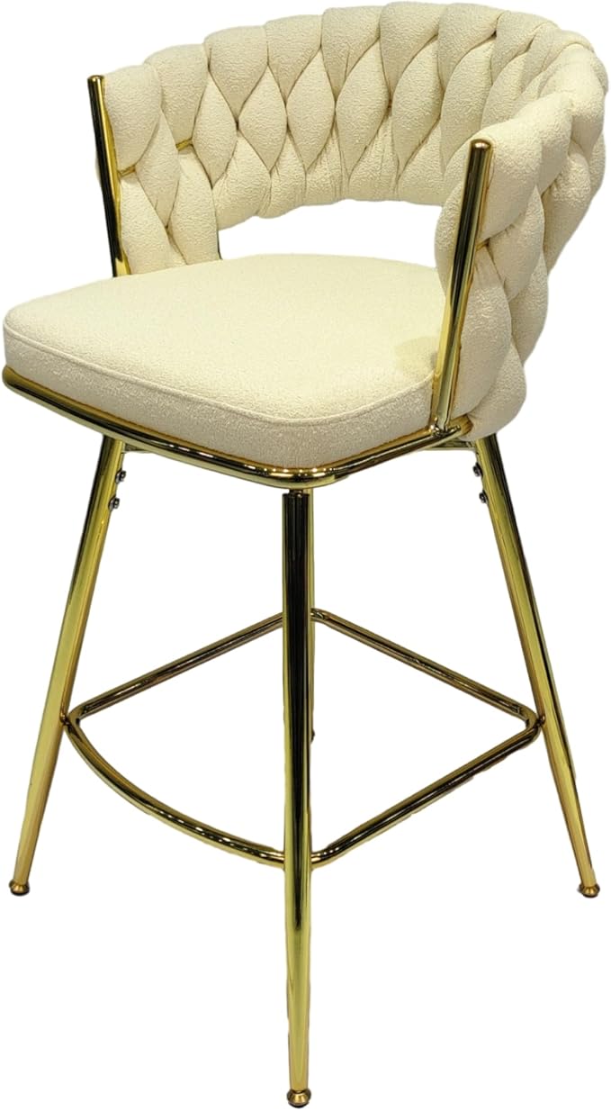 26" Bar Chair Toweling Woven Bar Stool Set of 2,Golden Legs Bar stools No Adjustable Kitchen Island Chairs,360 Swivel Bar Stools Upholstered Counter Stool Arm Chairs with Back Footrest (White)