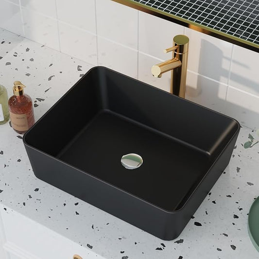 DeerValley Ally 19x15 Inch Matte Black Rectangular Vessel Sink, Above Counter Ceramic Bathroom Basin, DV-2V031