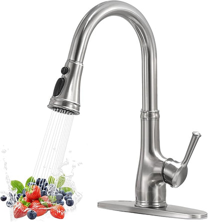 WEWE Vintage Kitchen Faucet with Pull Down Sprayer, Stainless Steel 1 or 3 Hole High Arc Single Handle Antique Sink Faucet for Classic Modern Ktichen, Brushed Nickel Bar & Prep Sinks
