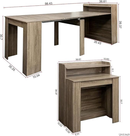 98.4" Extendable Dining Table, Large Dinner Table with Storage for 6-10, Rustic Farmhouse Style Wood Console Table for Kitchen, Dining Room & Living Room, Barnwood