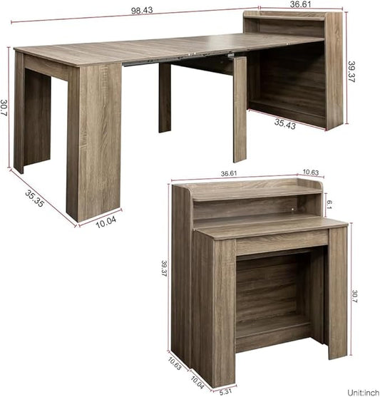 98.4" Extendable Dining Table, Large Dinner Table with Storage for 6-10, Rustic Farmhouse Style Wood Console Table for Kitchen, Dining Room & Living Room, Barnwood