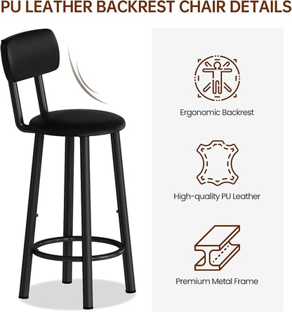 Kitchen Dining Table Set for 2, Bar Table and Chairs Set with 3 Storage Shelves, Tall Dining with 2 PU Leather Backrest Stools for Small Space, Kitchen Island, Apartment, Black