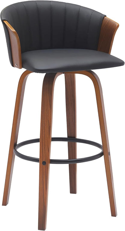 Armen Living Diana 30" Seat Height Mid Century Modern Swivel Walnut Wood Bar Stool for Kitchen Island Counter in Black Faux Leather