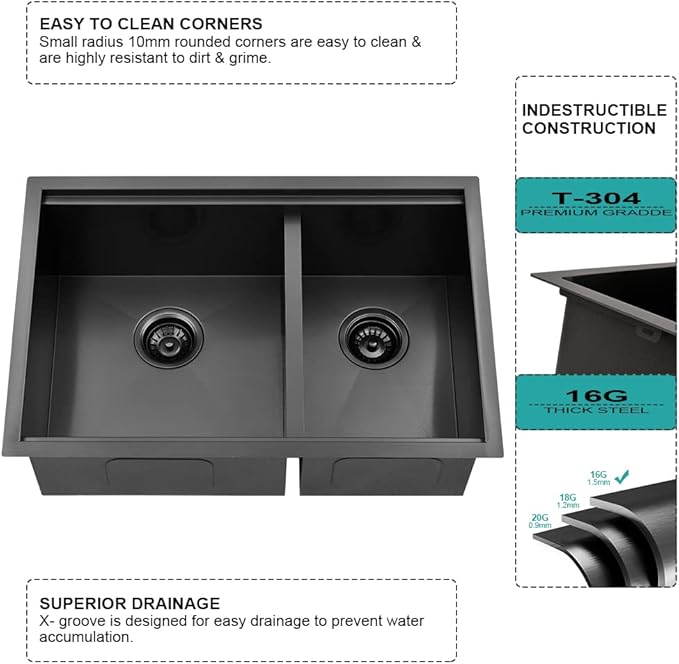 33 Inch Black Undermount Kitchen Sink Double Bowl-iAnomla 33x19 Black Stainless Steel Kitchen Sink Under Mount Workstation Sinks 16 Gauge 60/40 Low Divide Double Sinks with Cutting Board