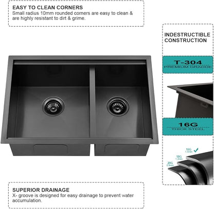33 Inch Black Undermount Kitchen Sink Double Bowl-iAnomla 33x19 Black Stainless Steel Kitchen Sink Under Mount Workstation Sinks 16 Gauge 60/40 Low Divide Double Sinks with Cutting Board