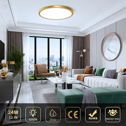 12Inch Gold Flush Mount Ceiling Light Fixture , 24W(240W Equivalent), 3200LM, 6000K Cool White, IP40, Flat Modern Round LED Ceiling Lights for Bedrooms, Living Rooms, Bathrooms, Stairwells, etc.