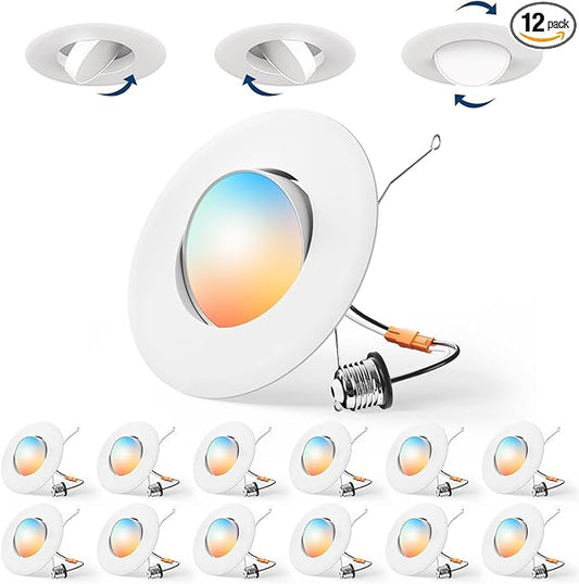 Amico 12 Pack 6 Inch Retrofit Eyeball Gimbal Can Lights, Adjustable Eyeball Directional 5CCT LED Recessed Lights, Dimmable, 2700K/3000K/3500K/4000K/5000K Selectable, 10W 950LM, ETL&FCC