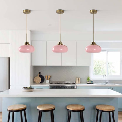 KCO Lighting Retro Pink Kitchen Pendant Light Mid Century Gold Hanging Light Vintage Dome Glass Pendant Light Small Globe Hanging Lights