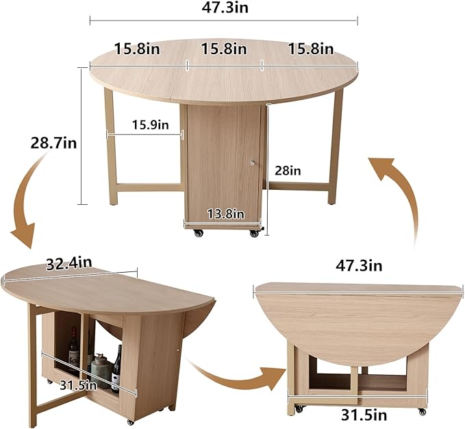COMUHOME 47.3" Round Folding Dining Table for 4-8, Wood Kitchen Foldable Dining Table Large Drop Leaf Dinner Table with Storage Shelf Metal Legs for Home Dining Room Living Room in Wood Color