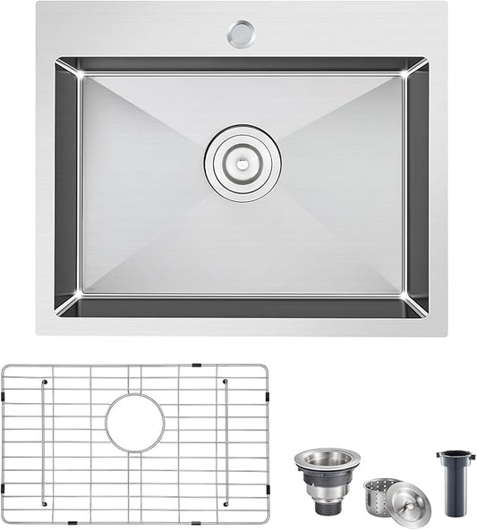 POPFLY 23 Inch Drop in Kitchen Sink, 23×18 Inch Top mount Small Bar Prep Sink, 304 Stainless Steel 9 Inch Deep Single Bowl Overmount Sink, Brushed