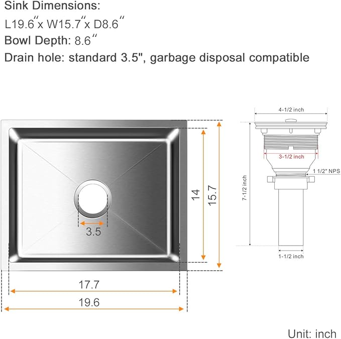 ROVATE 19.6 inch Kitchen or Bar Sink 304 Stainless Steel Undermount Single Bowl, Handmade Small Wet Bar Sink, 19.6"L x 15.7"W x 8.6"D