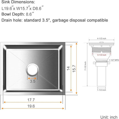 ROVATE 19.6 inch Kitchen or Bar Sink 304 Stainless Steel Undermount Single Bowl, Handmade Small Wet Bar Sink, 19.6"L x 15.7"W x 8.6"D