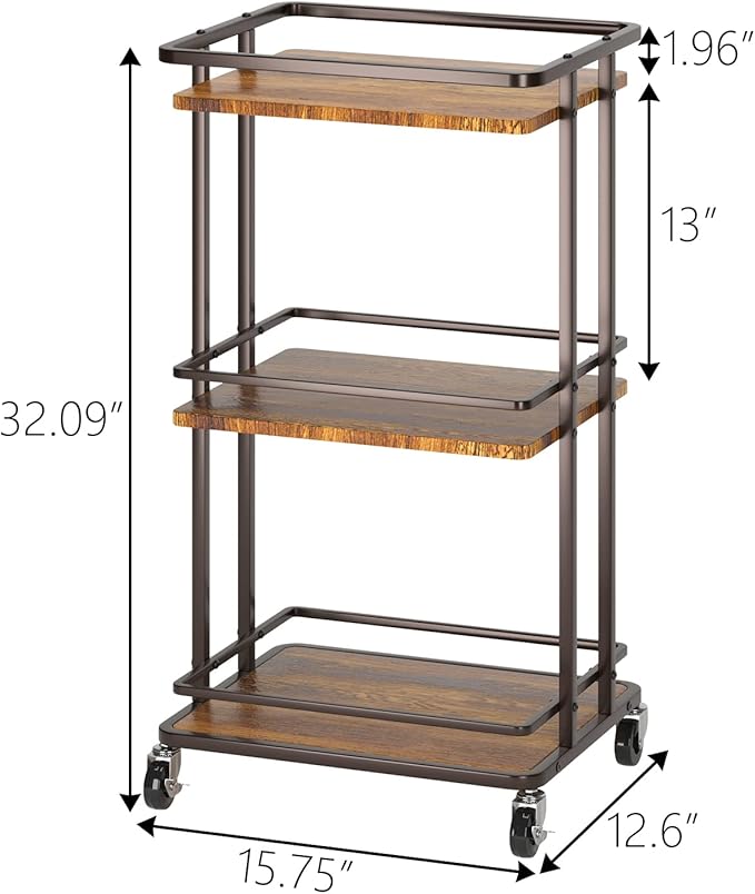 XYZLVSI 3-Tier Rolling Serving Bar Cart, Wood and Metal Kitchen Island Storage Cart with Wheels, Multifunction Utility Cart Storage Rack for Home, Kitchen, Bar, Dinning Room, Living Room (Brown)