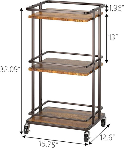 XYZLVSI 3-Tier Rolling Serving Bar Cart, Wood and Metal Kitchen Island Storage Cart with Wheels, Multifunction Utility Cart Storage Rack for Home, Kitchen, Bar, Dinning Room, Living Room (Brown)