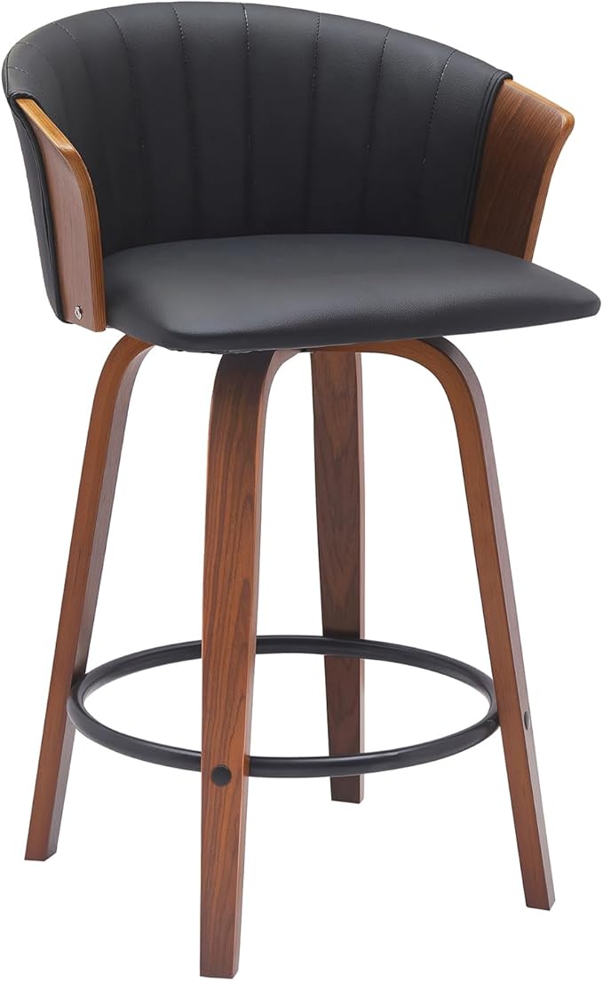 Armen Living Diana 26" Seat Height Mid Century Modern Swivel Walnut Wood Bar Stool for Kitchen Island Counter in Black Faux Leather