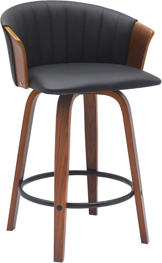Armen Living Diana 26" Seat Height Mid Century Modern Swivel Walnut Wood Bar Stool for Kitchen Island Counter in Black Faux Leather