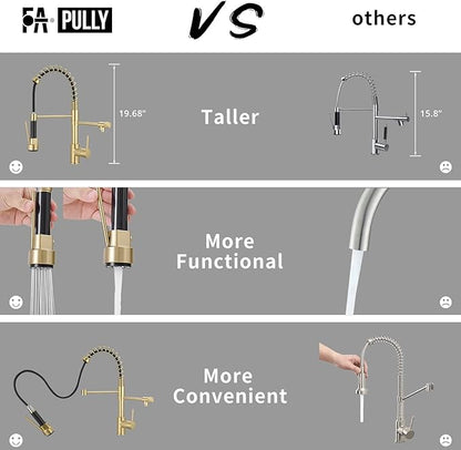 Brushed Gold Kitchen Faucet with Pull Down Sprayer, Single Handle Commercial Brass Kitchen Sink Faucets with 3 Way Drinking Kitchen Faucet, for Water Filtration System or Pot Filler Faucet in Gold