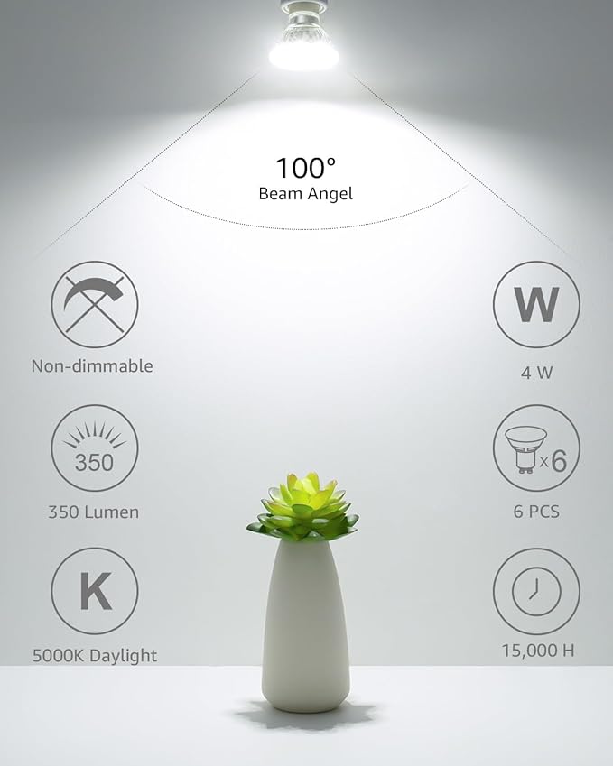 Lepro Non-Dimmable GU10 LED Light Bulbs, 5000K Daylight White GU10 Bulb Replacement for Recessed Track Lighting, 4W LED Bulbs with 100°Flood Beam for Kitchen, Range Hood, Living Room, Bedroom, 6 Pack