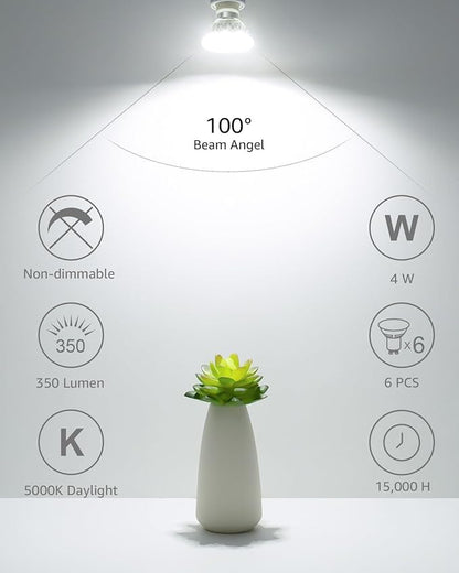 Lepro GU10 LED Light Bulbs Non-Dimmable, 5000K Daylight White GU10 Bulb Replacement for Recessed Track Lighting, 4W LED Bulbs with 100°Flood Beam for Kitchen, Range Hood, Living Room, Bedroom, 3 Pack