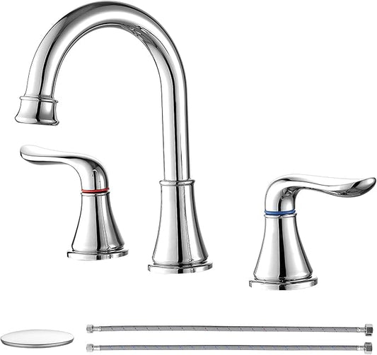 GENBONS Chrome Bathroom Faucet 3 Hole, 8 Inch Widespread Bathroom Sink Faucet 2-Handles Vanity Bath Faucets with Pop Up Drain