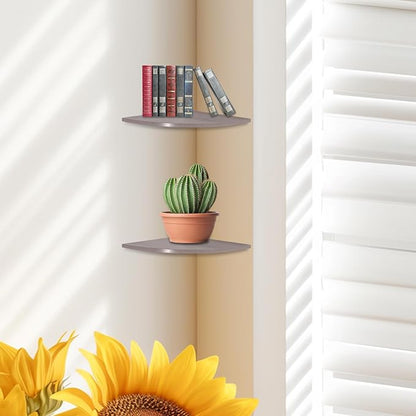 JJL Corner Wall Shelf, 12-Inch Sector Shelf, Set of 2 Wooden Hanging Shelves With Wire Hole for Bedroom Decoration, Grey