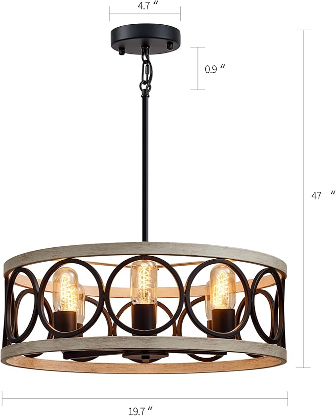 MEIXISUE Modern Farmhouse Drum Chandelier Black and White Birch Finish 6-Lights Round Metal Rustic Vintage Chandelier Light Fixtures for Kitchen Dining Room Living Room Office Hotel Restaurant