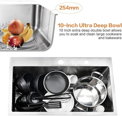 33 Inch Drop In Kitchen Sink-Bokaiya 33x22 Stainless Steel Kitchen Sink Drop In Top Mount 16 Gauge Deep Single Bowl Kitchen Sinks with Dish Grid&Strainer