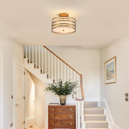 Drum Semi Flush Mount Ceiling Light Fixture, Gold Matal & Linen Fabric Shade Ceiling Light, Modern Farmhouse Close to Ceiling Light for Bedroom, Hallway, Entryway, Dining Room, Laundry Room