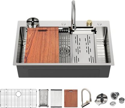 Mocoloo 33 Inch Honeycomb Waterfall Kitchen Sink - 33x19 Drop In Ledge Workstation 16 Gauge Stainless Steel Single Bowl Modern Sink with Faucet Combo and Built-in Accessories