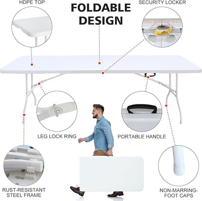 Portable 8Ft Plastic Folding Table, Heavy Duty 8ft Fold-in-Half Table with Carrying Handle, 8' Folding Utility Foldable Table for Picnic Party Camping Kitchen, Indoor/Outdoor (White)