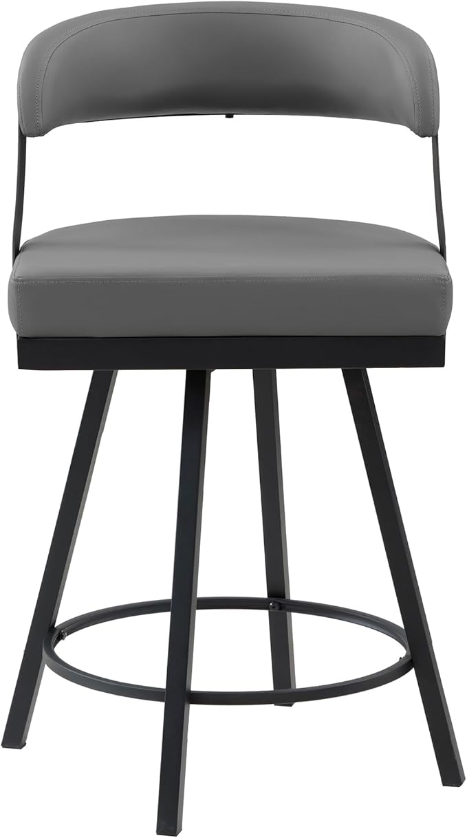 Lexicon Swivel Counter Height Stools Set of 2 - Counter Height Stools for Kitchen Island, Padded Seat, Open Back, Sturdy Black Metal Frame Finish and Grey Faux Leather Cushion Seat, Grey