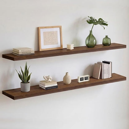Homeforia Classic Walnut 60 inch Floating Shelf, High End Solid Real Wood Small 60inch Floating Shelves for Wall Mounted, 60in Floating Shelves, Heavy Duty Bracket, 60 X 6.5 X 1.75 inches, Set of 2