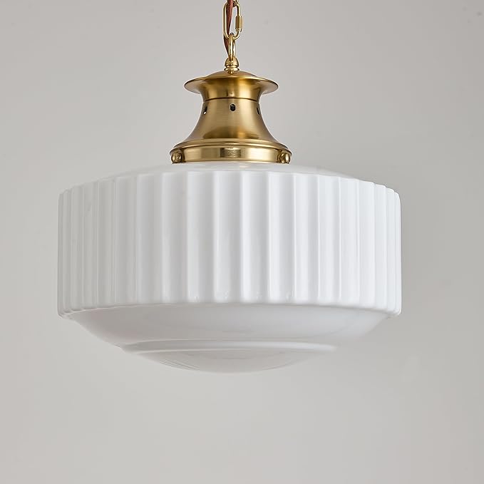 Vintage Brass Milk Glass Pendant Light Fixture, Mid‑Century Modern Chandelier, Antique Schoolhouse Pendant Lights for Kitchen Island, Dining Room, Entryway, Hallway, E26 Base