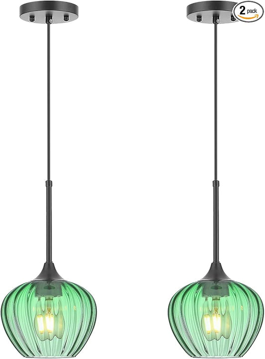 2Pack Green Glass Pendant Light, Vintage Glass Pendant Lighting Small Green Ceiling Hanging Lights for Kitchen Island Dining Room Restaurant Bar Bedroom