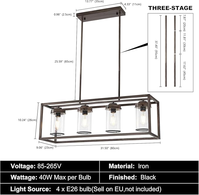 Farmhouse Dining Room Light Fixtures, Black and Gold Chandeliers for Dining Room,Kitchen Island,Office Coffee Shop, Rustic Rectangle Linear Pendant Ceiling Light with Glass Shade,Oak and Gold