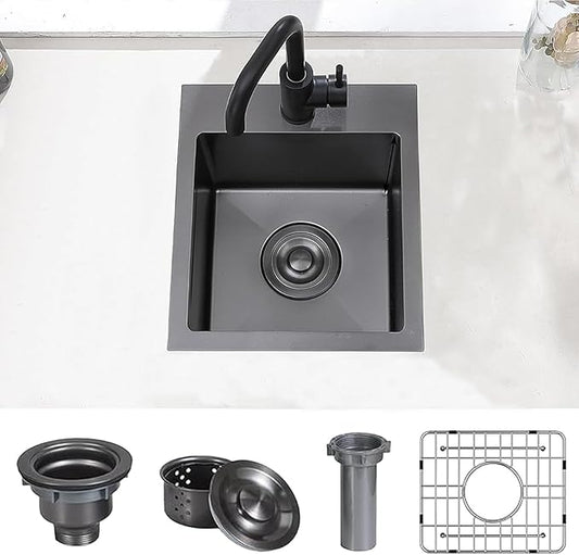 Hotis Drop in Black Bar Sink, 13x15 Inch Topmount RV Small Gun Black Kitchen Sink, Handmade Stainless Steel Wet Bar Sinks, Outdoor Single Bowl with Dish Grid & Drain