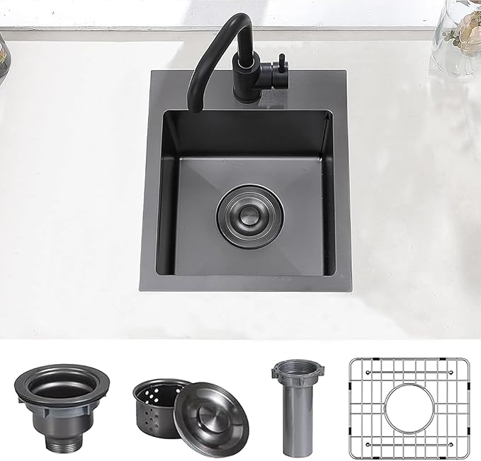 Hotis Black Drop In Bar Sink, 15x15 Small Kitchen Sink Single Bowl, Stainless Steel Black Sinks for Outdoor Wet Bar Prep RV Yard Office Laundry Utility with Strainer Drain and Bottom Grid
