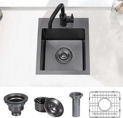Hotis Black Drop In Bar Sink, 15x15 Small Kitchen Sink Single Bowl, Stainless Steel Black Sinks for Outdoor Wet Bar Prep RV Yard Office Laundry Utility with Strainer Drain and Bottom Grid