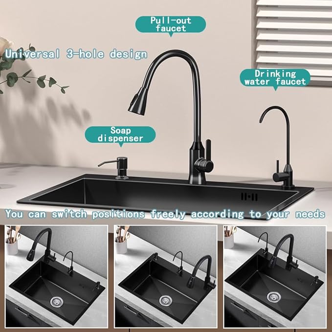 31.5 x 17.7 Inch Black Single Bowl Sink with faucet,Large Capacity Stainless Steel Drop In Kitchen Sink,Topmount Utility Workstation Sink With Multiple Accessories