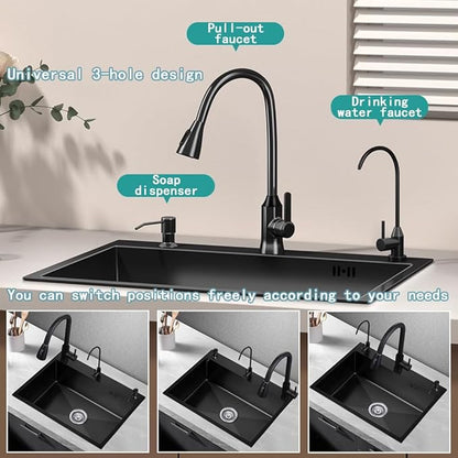 26.8 x 17.7 Inch Black Single Bowl Sink with faucet,Large Capacity Stainless Steel Drop In Kitchen Sink,Topmount Utility Workstation Sink With Multiple Accessories