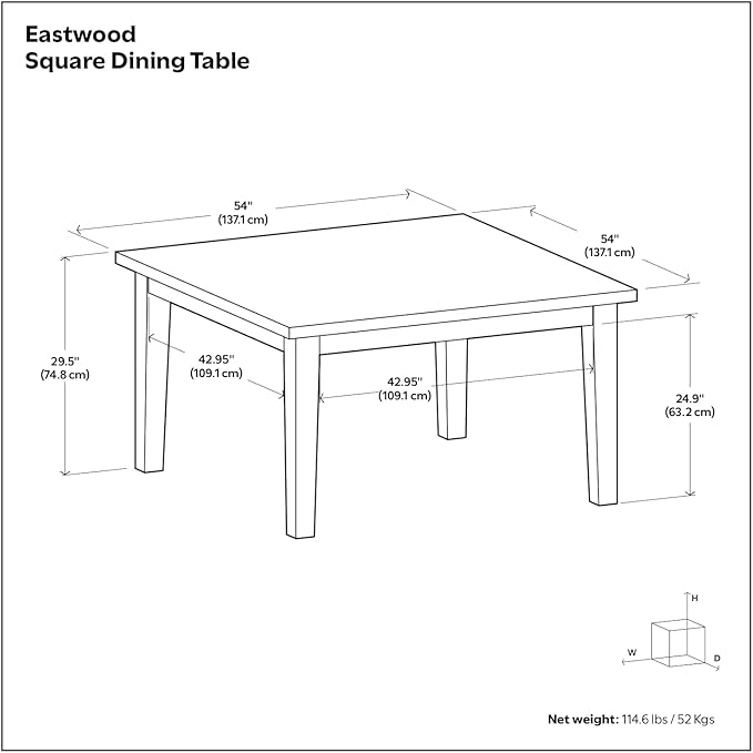 SIMPLIHOME Eastwood Dining Table - 54 inch Wide Solid Oak Veneer Square Table, Contemporary Style for Dining Room or Kitchen with Thick Top and Clean-Lined Legs, Seats 8