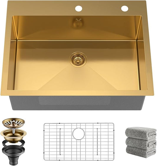 Drop In Kitchen Sink 30 Inch Gold Top Mount Sink 16 Gauge Stainless Steel 2-Hole Deep Single Bowl Kitchen Sinks 30"X22"X10"