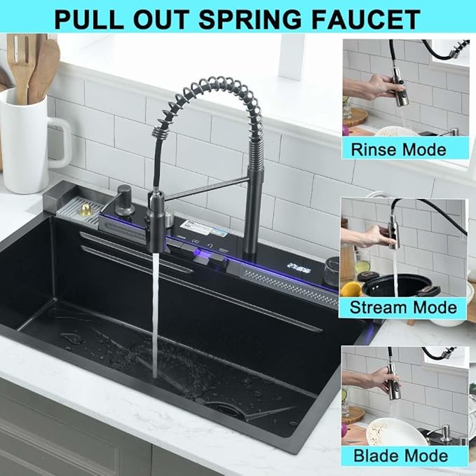 30 Inch Black Waterfall Kitchen Sink with Pull-Out Faucet Combo- Wesliv 30x18 Waterfall Sink Black Digital Display Smart Honeycomb Kitchen Sinks Deep Single Bowl with Accessories