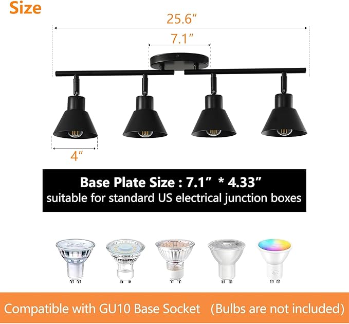 Modern 4-Light Track Lighting Fixture, Black Metal Ceiling Spotlight with Flexible Rotatable Heads, GU10 Base Directional Track Light for Kitchen, Hallway, Living Room & Gallery